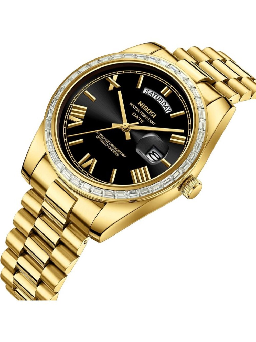 Nibosi Men's Gold Black Analog Quartz Diamond Bezel Stainless Waterproof Watch - Picture 2 of 6